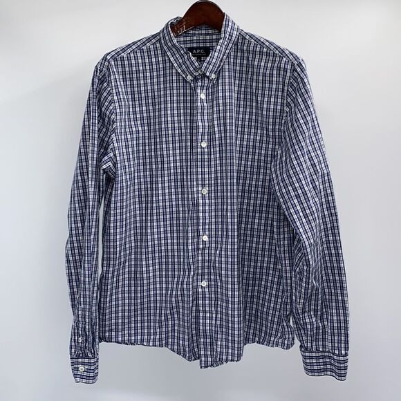 A.P.C. Button Up Shirt Men’s Size XL Blue Plaid Long Sleeve - Picture 1 of 12